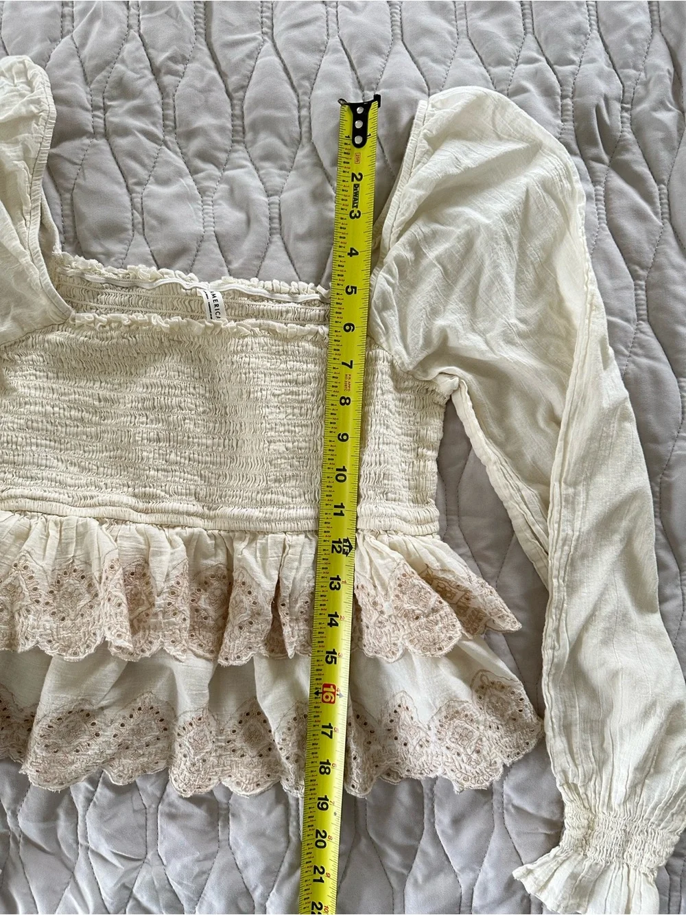 Cream Smocked Square-Neck Lace Peplum Peasant Top Puff Sleeve Boho Cottagecore - Picture 6 of 9
